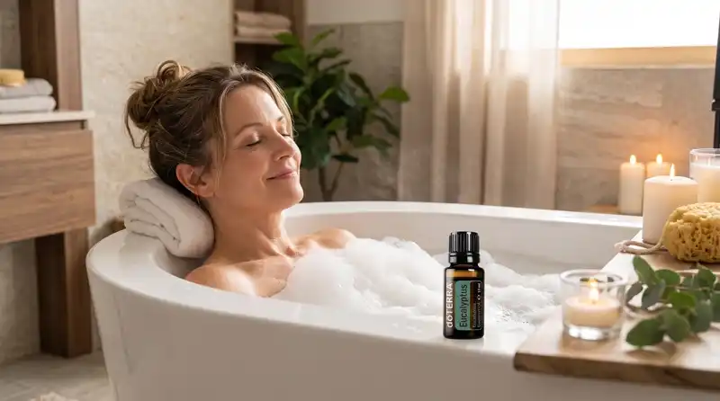 Žena relaxuje v kúpeli s penou, na okraji vane stojí esenciálny olej Eukalyptus dōTERRA 15 ml